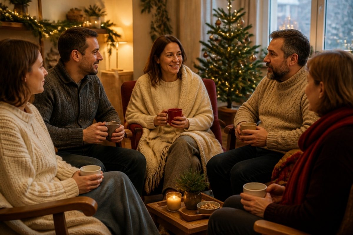 Grup mic de adulți care stau în cerc și vorbesc, într-o cameră caldă, decorată de iarnă