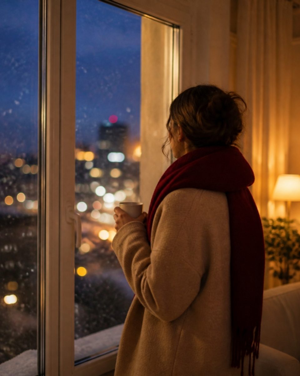 Persoană cu fular roșu la fereastră, într-o seară de decembrie, cu o cană caldă în mână