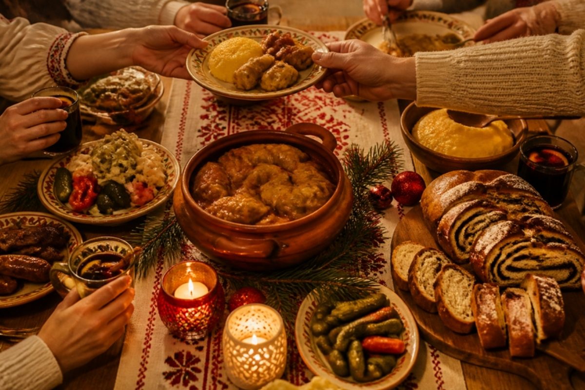 Masă de Crăciun cu sarmale, cozonac și lumânări, la care mai mulți oameni își dau farfuriile